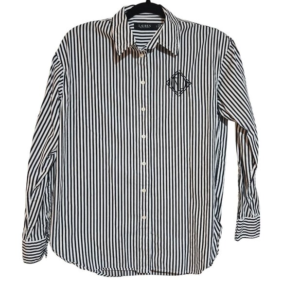 Lauren Ralph Lauren Black & White Striped Long Sleeve Cotton Button-Up Shirt Wit - Picture 1 of 16